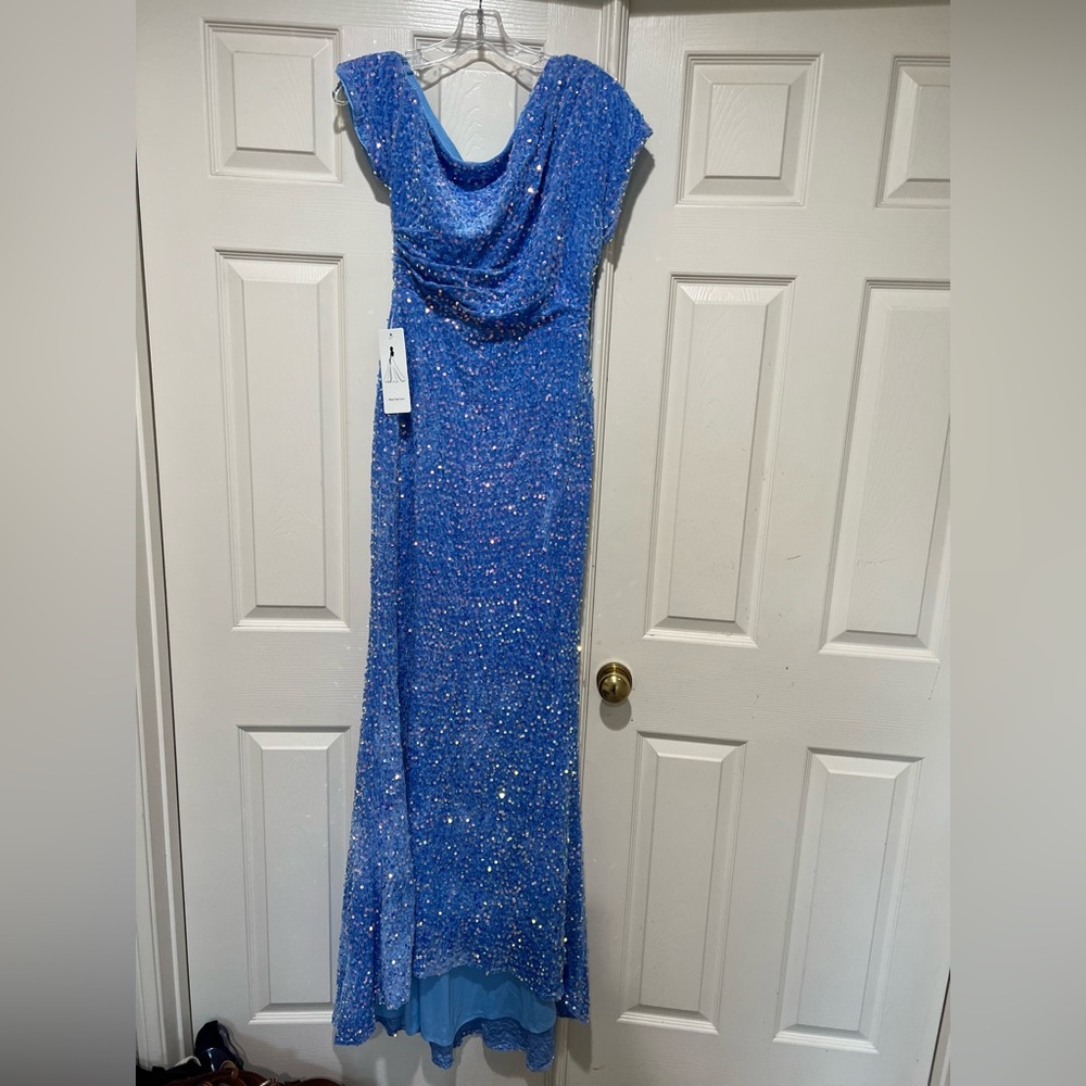 Blue velvet Sequin slant neck ruched‎ evening formal Gown special occasion sz 6